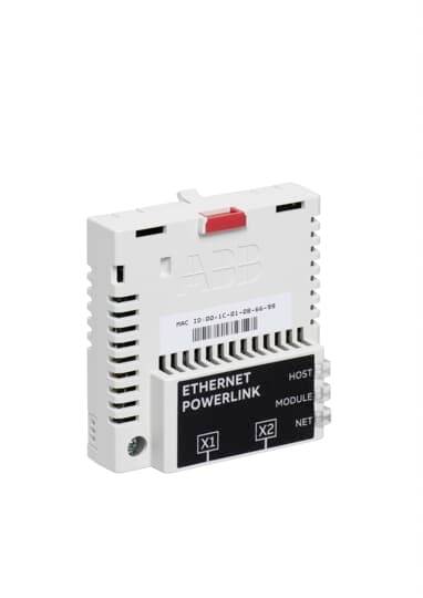 Ein weißes, rechteckiges Modul mit der Aufschrift 'ETHERNET POWERLINK', zeigt drei Anschlüsse und eine MAC-Adresse auf der Vorderseite.