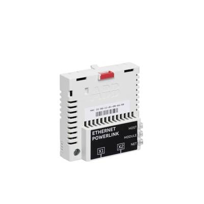 Ein weißes, rechteckiges Modul mit der Aufschrift 'ETHERNET POWERLINK', zeigt drei Anschlüsse und eine MAC-Adresse auf der Vorderseite.