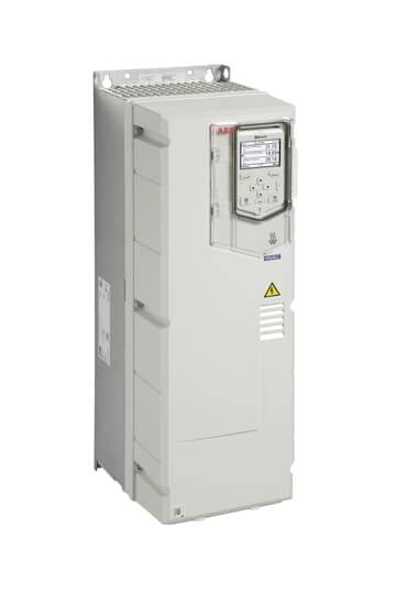 Ein grauer elektrischer Frequenzumrichter mit digitalem Bedienfeld auf der Vorderseite, montiert in einem Metallrahmen.
