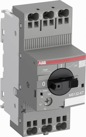 Ein grauer Motorschutzschalter der Marke ABB mit Drehschalter und mehreren Kabelanschlüssen, Modellnummer MS132-KT.