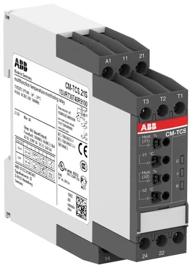 Ein ABB CM-TCS-21S Temperaturüberwachungsrelais mit Anschlüssen und Einstellmöglichkeiten. Geeignet für industrielle Anwendungen.