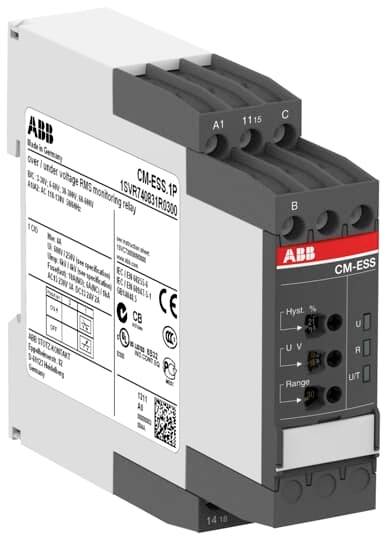 Grau-weißes ABB-Relaismodell CM-ESS.1P mit mehreren Kabelanschlüssen und technischer Etikettierung an der Seite.