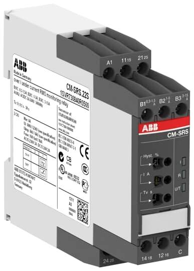 Ein elektronisches Relais der Marke ABB, Modell CM-SRS.22S, zur Über- und Unterstromüberwachung mit mehreren Anschlussklemmen.