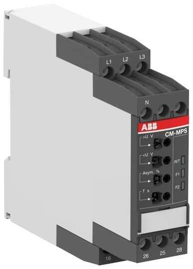 Ein ABB CM-MPS Überwachungsrelais zur Spannungskontrolle, erkennbar an den schwarzen Anschlüssen und dem roten Logo.