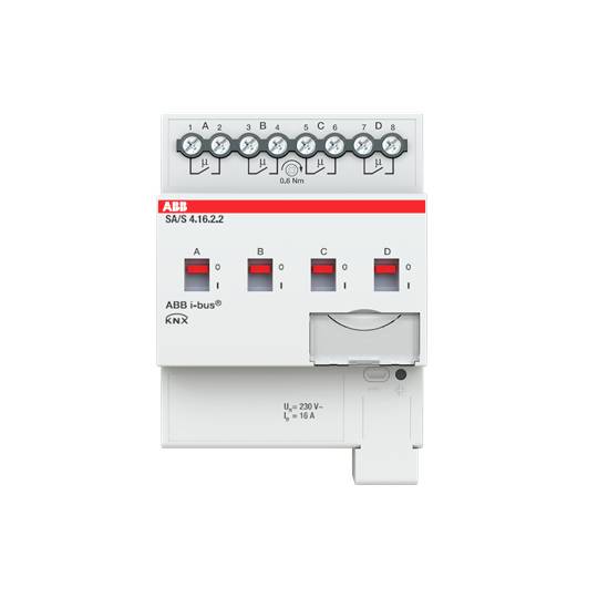 Ein Schaltgerät der Marke ABB mit vier Schaltern und Beschriftung 'A-D'. Obere Reihe zeigt Anschlüsse, untere Reihe vier rote Schalter. Modellnummer: SA/S 4.16.2.2.