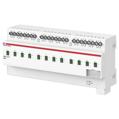 Abbildung eines ABB KNX-Schaltaktors, Modell SA/S 12.16.2.1, mit 12 Kanälen und grünen Statusanzeigen für jeden Kanal.