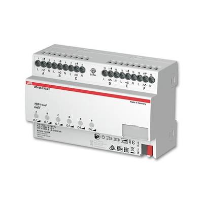 Ein KNX-Schaltaktor von ABB mit mehreren Ausgängen für die Gebäudeautomation. Zeigt Anschlussklemmen und Beschriftung auf der Vorderseite.