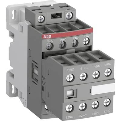 Ein grauer elektrischer Schütz von ABB mit mehreren Schraubanschlüssen und Beschriftungen für verschiedene Stromkreise.