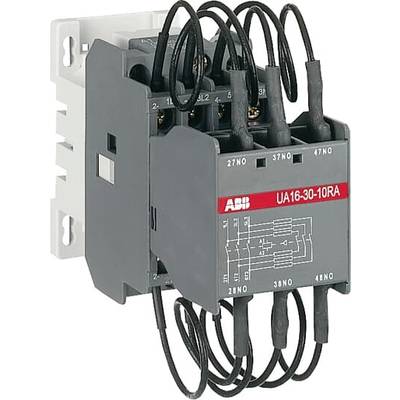 Grauer elektrischer Schütz mit mehreren schwarz isolierten Kabeln, Beschriftung 'UA16-30-10RA' und Schaltplan auf der Vorderseite.