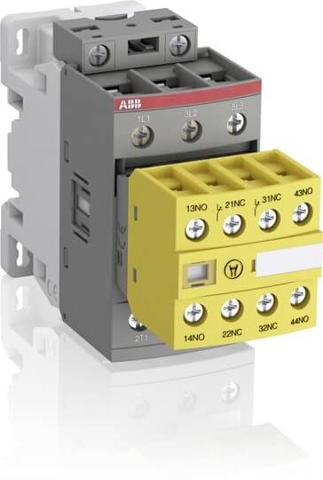 Ein elektrisches Schütz mit grauem Gehäuse und gelb markierten Kontakten für Sicherungs- und Steuerungsanwendungen in elektrischen Systemen.