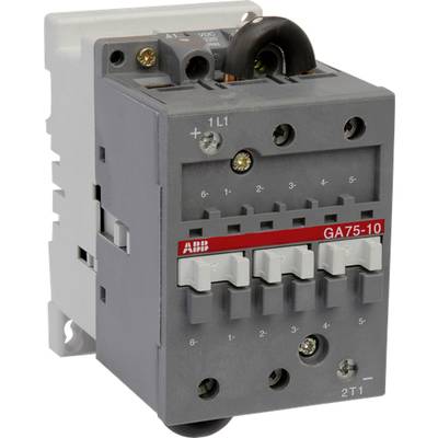 Grauer elektrischer Schütz mit mehreren Anschlüssen und rotem Streifen, Modell 'GA75-10' von ABB, für industrielle Anwendungen.