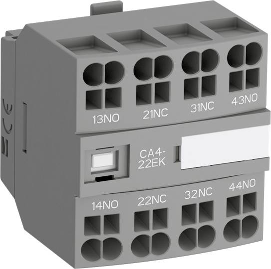 Graues elektrisches Relais mit mehreren Anschlussklemmen, beschriftet mit '13NO', '21NC', '22NO', '32NC'. Aufschrift 'CA4-22EK'.
