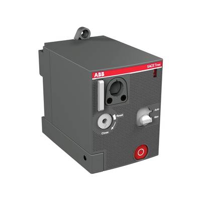 Grau-roter Schaltschrank von ABB mit verschiedenen Bedienkappen und einem großen roten Knopf.