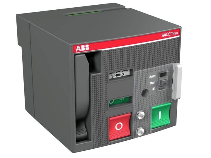Ein kompakter Leistungsschalter mit rotem 'O'- und grünem 'I'-Schalter, Markenlogo oben links, geeignet für elektrische Systeme.