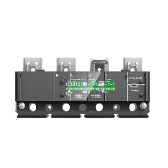 Elektrisches Bauteil mit vier Anschlüssen, verdeckten Beschriftungen für die elektrische Messung und Einstellung.