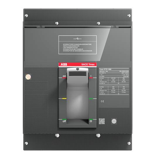 Schwarzer SACE Tmax XT4 Leistungsschalter mit Skala und Kontrollschalter. Herstellerinformationen und technische Daten sind sichtbar.