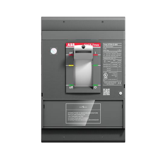 'ABB-SACE Tmax T circuit breaker' in der Mitte, Schalter in Neutralstellung. Beschriftungen und technische Details auf dem Gehäuse.