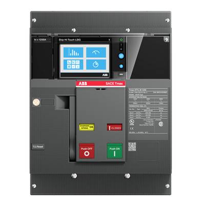 'ABB SACE Tmax' Schutzschalter mit Display und Steuerknöpfen zur Steuerung des Stromkreises; geeignet für industrielle Anwendungen.