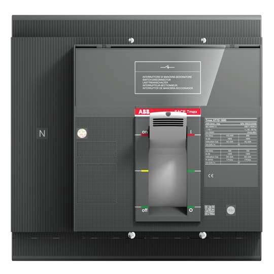 Ein elektrischer Leistungsschalter in schwarzem Gehäuse, mit rotem Schalterhebel und Beschriftung für Ein-/Aus-Positionen.