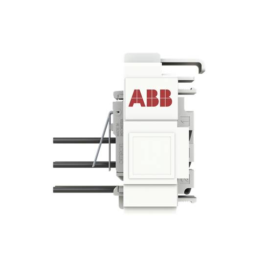 Ein elektrischer ABB-Schutzschalter in Seitenansicht, zeigt Anschlüsse und Markenlogo. Geeignet für industrielle Anwendungen.