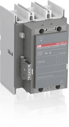 'GAF460-10' grauer, industrieller Schütz von ABB mit drei Anschlüssen oben und technischen Spezifikationen auf der Vorderseite.