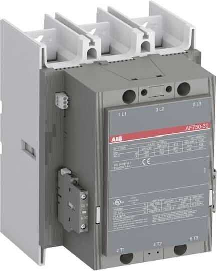 Ein graues elektrotechnisches Bauteil mit mehreren Anschlüssen und einer roten Leiste oben. Markierung 'AF750-30' und Herstellerlogo.