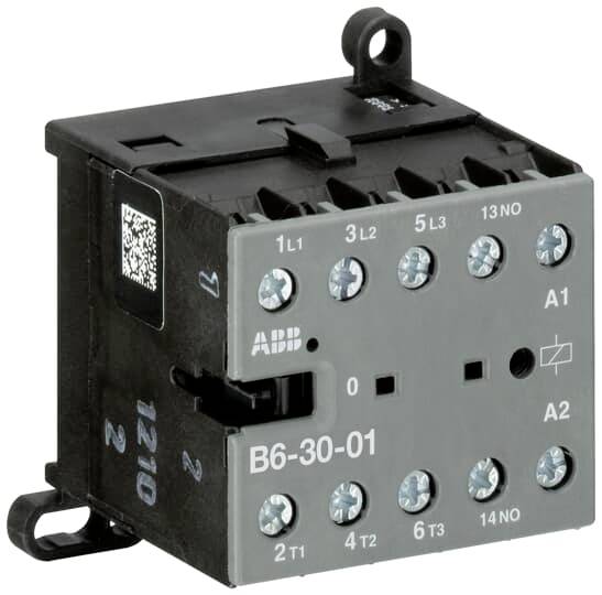 Ein elektrischer Schütz von ABB mit Bezeichnung 'B6-30-01' in der Frontansicht, zeigt verschiedene Anschlusspunkte und eine QR-Code-Plakette.