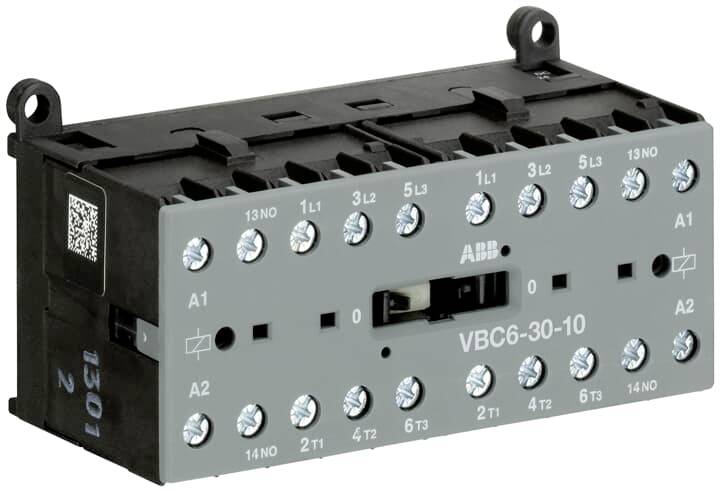 Ein elektrisches Schütz mit der Bezeichnung 'VBC6-30-10' von ABB, zeigt Anschlussstellen und Schraubverbindungen.