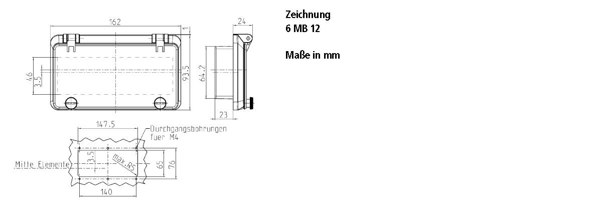 Technische Zeichnung eines rechteckigen Bauteils mit Bohrungen und Maßen in Millimetern. Seiten- und Draufsicht sind dargestellt.