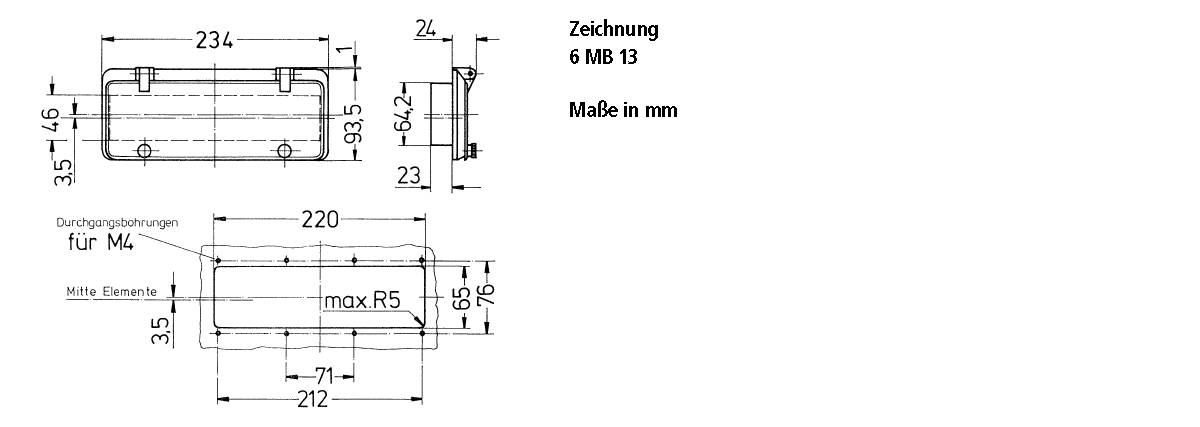 'Technische Zeichnung eines Bauteils mit Maßen in mm. Verschiedene Ansichten zeigen Breite 234, Tiefe 71, Höhe 65, max. R5.'