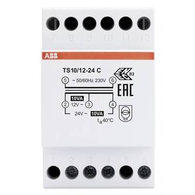 Ein elektrisches Zeitrelais, Modell TS10/12-24 C, 10VA, 50/60Hz, 230V. Eingerahmt sind Anschlussklemmen und EAC-Zertifizierung.