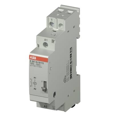 Ein grauer Schütz mit Beschriftung 'ABB' oben links, 16A, 250V. Es hat zwei Anschlussklemmen oben und einen Schalter in der Mitte.