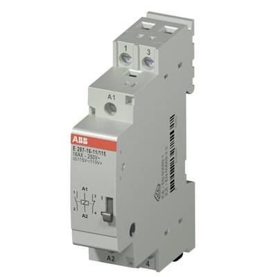 Ein graues, rechteckiges elektrisches Relaisbauteil mit Beschriftung 'ABB' und Stromwerten. Es hat mehrere Anschlussklemmen oben.