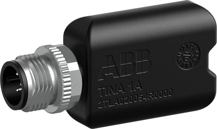 Schwarzer T-Stecker von ABB mit der Aufschrift 'TINA 1A'. Der Stecker hat einen metallischen Anschluss.