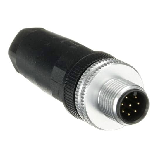Ein schwarzer, zylindrischer Steckverbinder mit mehreren goldfarbenen Pins, geeignet für elektrische Verbindungen.
