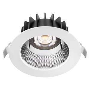 Ein runder, eingebauter LED-Downlight mit schwarzem Kühlkörper und weißem Rand, geeignet für Deckenmontage.