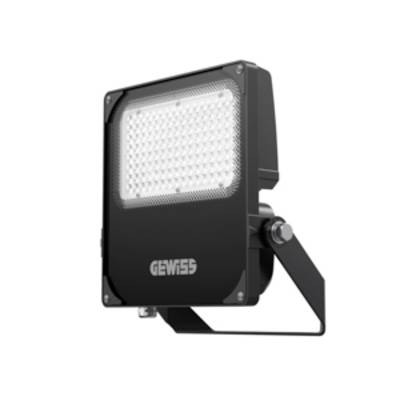 Schwarzer LED-Flutlichtstrahler mit rechteckigem Gehäuse, montierbarem Bügel und sichtbarem Gewiss-Logo auf der Vorderseite.
