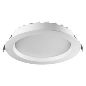 Weiße, runde LED-Deckenleuchte, flach im Design. Geeignet für moderne Innenräume.