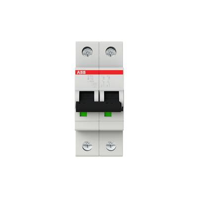 Leistungsschutzschalter mit rotem ABB-Logo, zwei Kippschalter in der Mitte, montiert auf einer weißen Basis mit sichtbaren Schrauben.