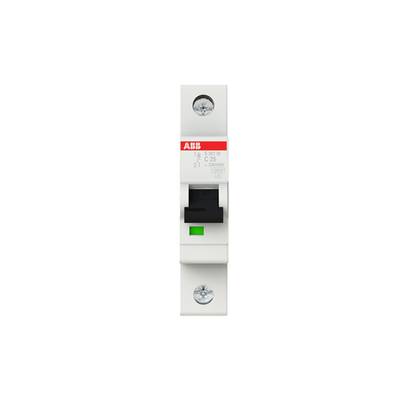 Ein einzelner ABB-Leitungsschutzschalter mit einer grünen Anzeige, markiert als C25, montiert auf einer weißen Oberfläche.
