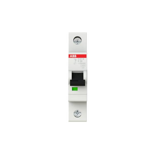 Einzelner ABB-Sicherungsschalter mit weißer Front, schwarzem Hebel und rotem Logo. Anwendungsbereich: Elektrische Schutzschaltungen.