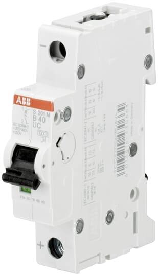 Stromschutzschalter der Marke ABB, Modell S 201 M-B40. Hauptsächlich weiß mit schwarzem Kippschalter und technischen Markierungen.