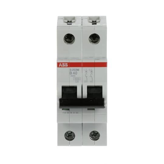 'Zweipoliger ABB-Sicherungsautomat mit roten und schwarzen Markierungen, geeignet für elektrische Schaltungen. Modell B40, 25 Ampere.'
