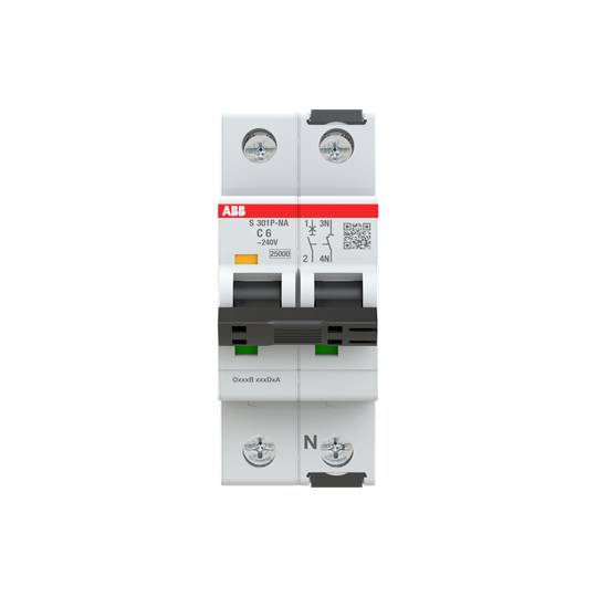 Leistungsschalter mit rotem Label, Aufschrift 'ABB', Modell 'S 301P-NA C 6', Bild zeigt Vorderansicht mit technischen Details.