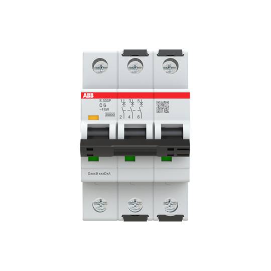 Dreipoliger Leitungsschutzschalter von ABB, Serie S 300, Typ C 16, mit Kennzeichnungen für Stromstärke und Schaltstellung.