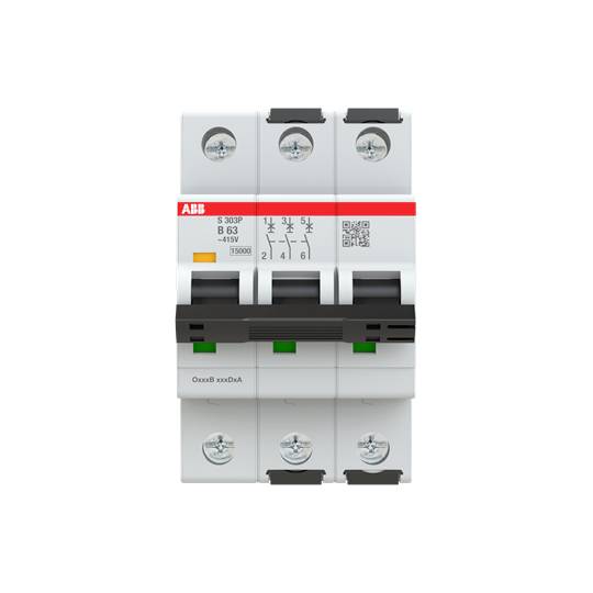 Leistungsschalter von ABB mit vier Kippschaltern, Datenaufdruck und orangener Markierung. Verwendet zur elektrischen Stromregulierung.