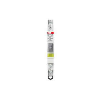 Elektrobauteil von ABB, schmaler grauer Schaltgerät mit zwei Drehschrauben oben und unten, mittig rotes ABB-Logo, Zahlenmarkierungen.