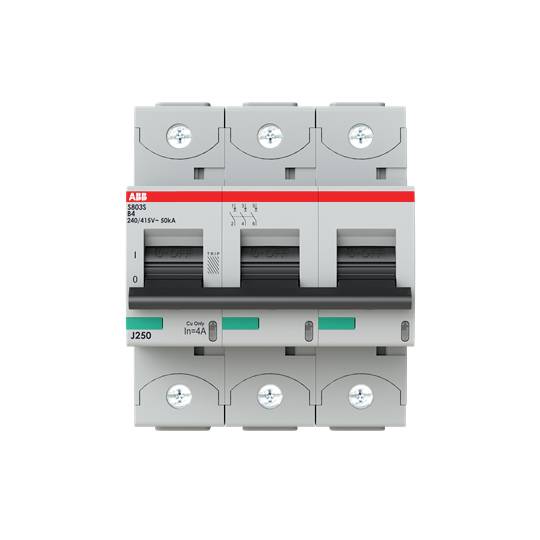 Ein dreipoliger Leistungsschalter von ABB, Modellnummer S800S B40, für Spannungen bis 400V. Geeignet für industrielle Anwendungen.