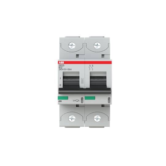 Ein grauer elektrischer Leistungsschalter mit rotem Streifen und Kennzeichnungen; linksseits der Marke ABB.
