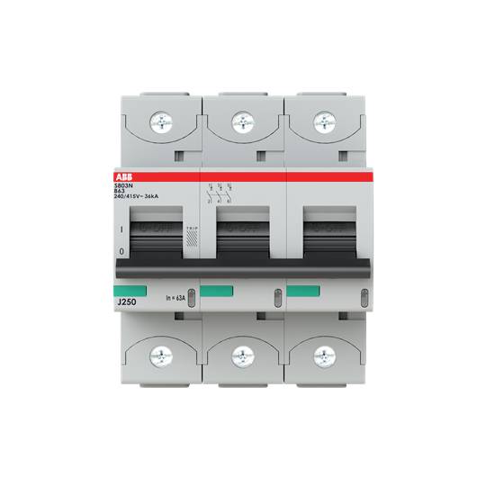 Ein dreiphasiger Leistungsschalter, Modellnummer 'ABB 3639N', mit einer Stromstärke von 250 A, zeigt seine Schalterstellungen an.